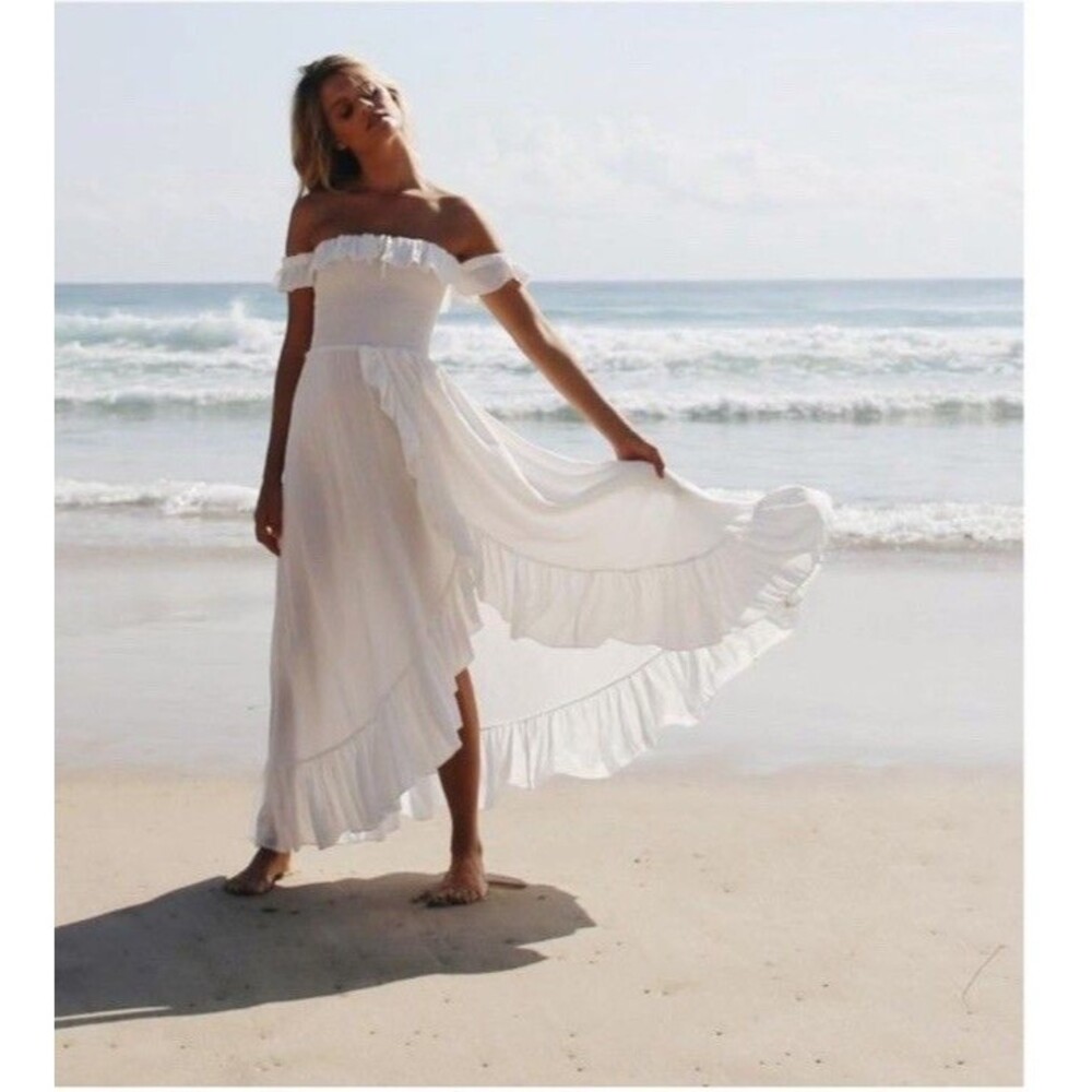 Rove S Udaipur Dress White Smocked Maxi Wrap Beach Off The Shoulder Romantic